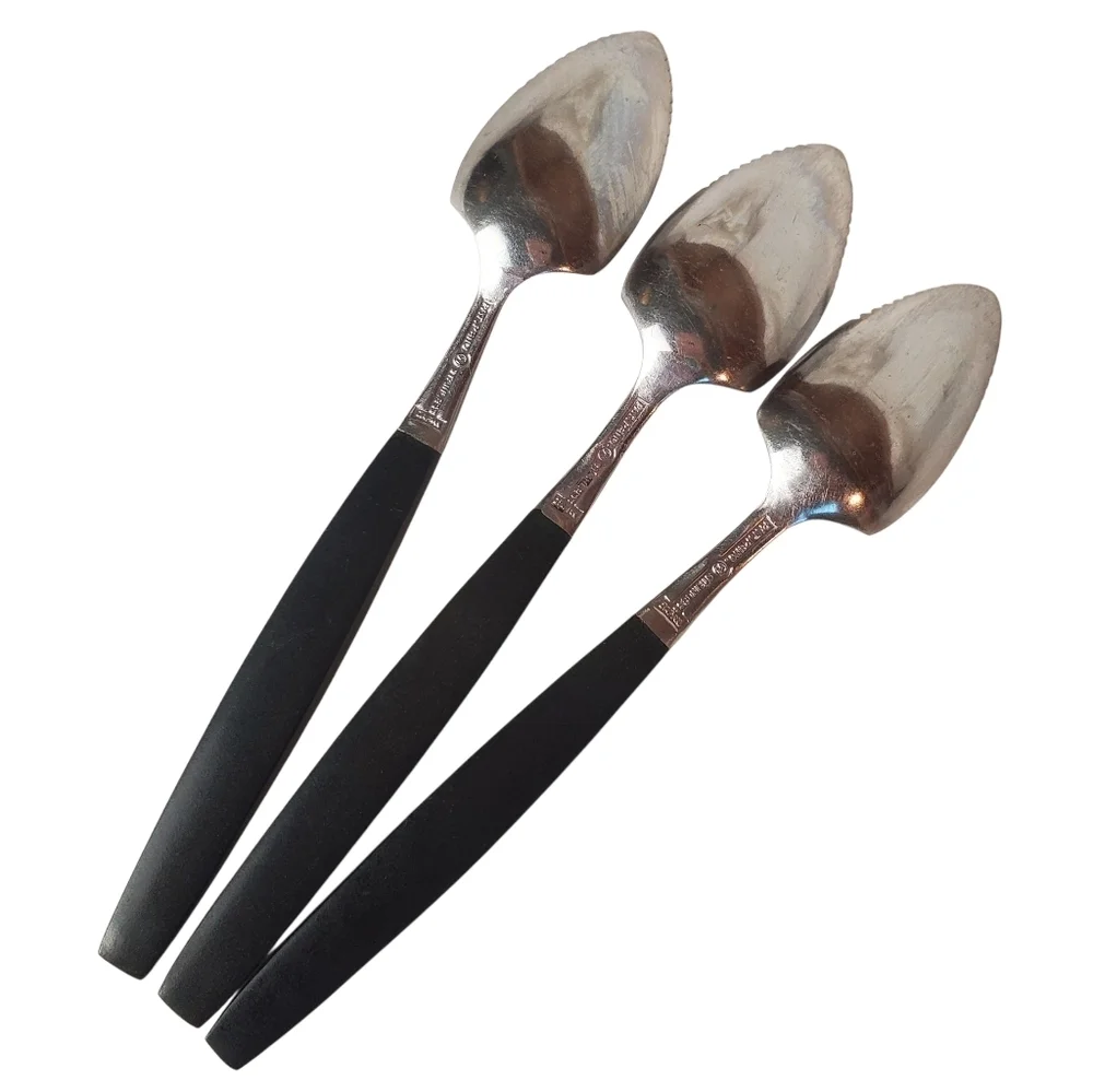 Set of Three MCM Black and Silver Grapefruit Spoons. Made In Japan.